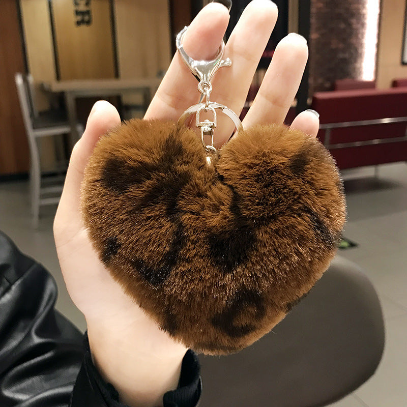 Plush Leopard Pom Pom Heart Keychain Soft Faux Fur 13cm 2pcs 17