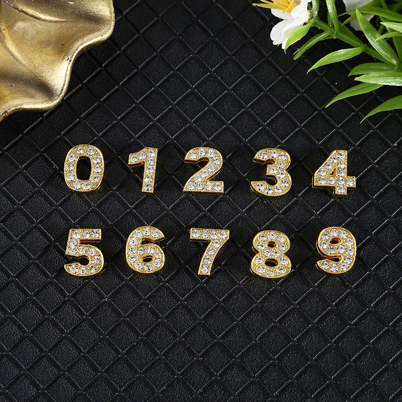 Number Metal Beads 10mm Golden Rhinestone Embeded 50pcs