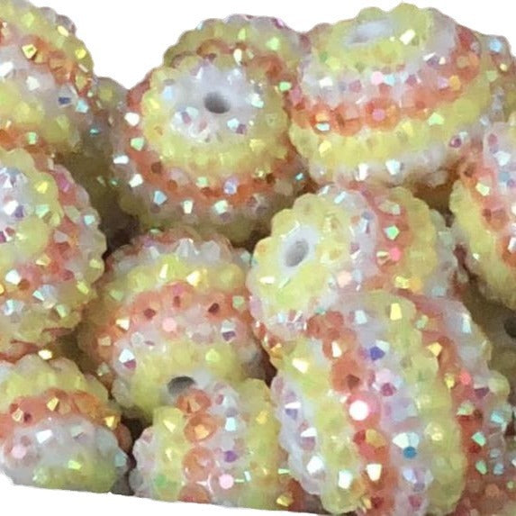 Rhinestone Bubblegum Beads 16-22mm Yellow Orange White Striped Resin 5pcs 3