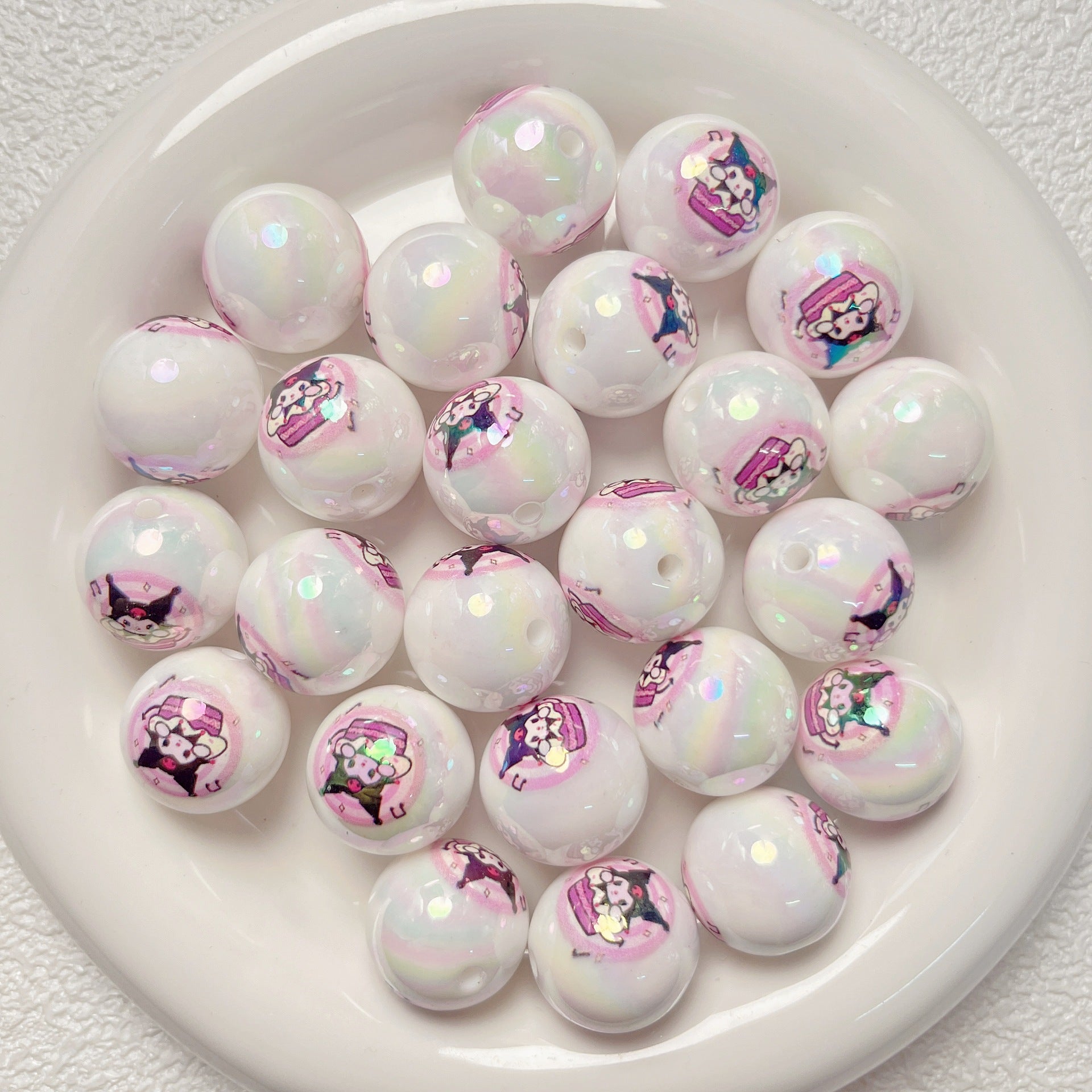 Plated Bubblegum Beads 19mm White Iridescent Sanri Character Prints 5pcs 2