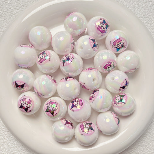 Plated Bubblegum Beads 19mm White Iridescent Sanri Character Prints 5pcs 2