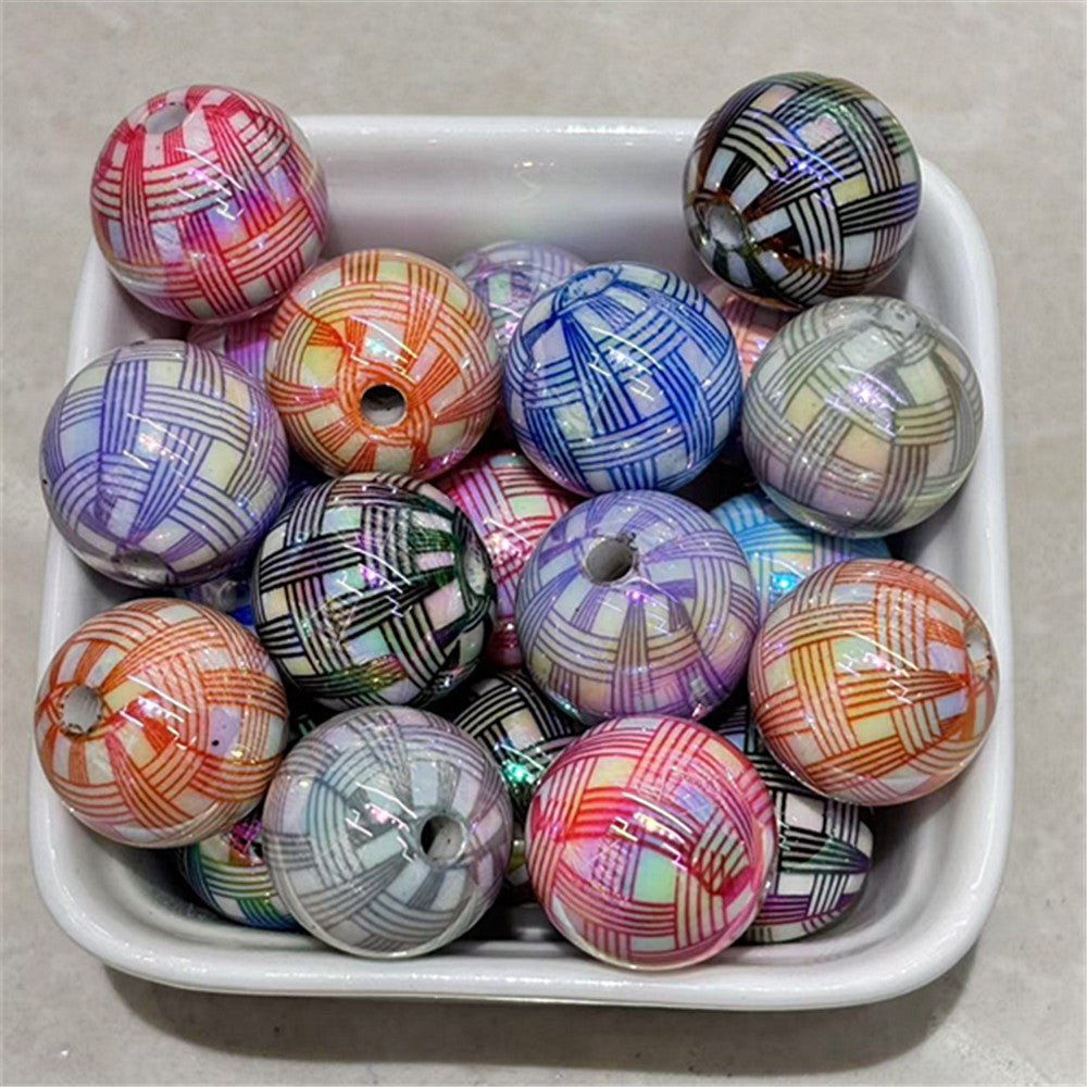 Plating Round Acrylic Beads 16mm UV Woven Plaid Pattern 100pcs