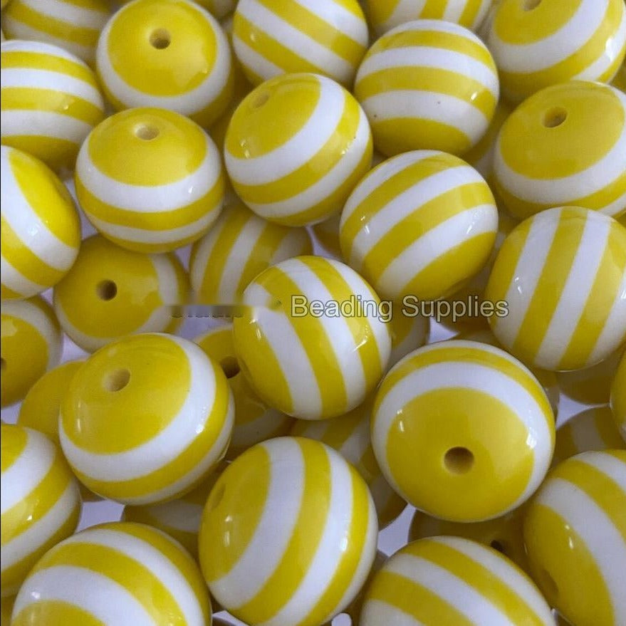 Striped Bubblegum Beads 20mm Yellow White Chunky Resin 10pcs