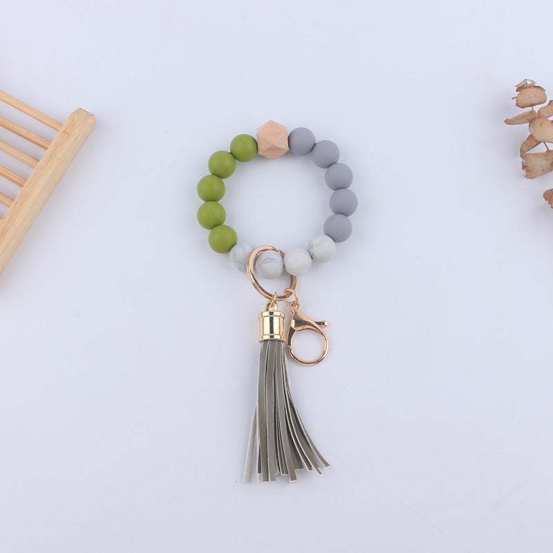 Leopard Print Silicone Bead Tassel Wristlet Keychain 19