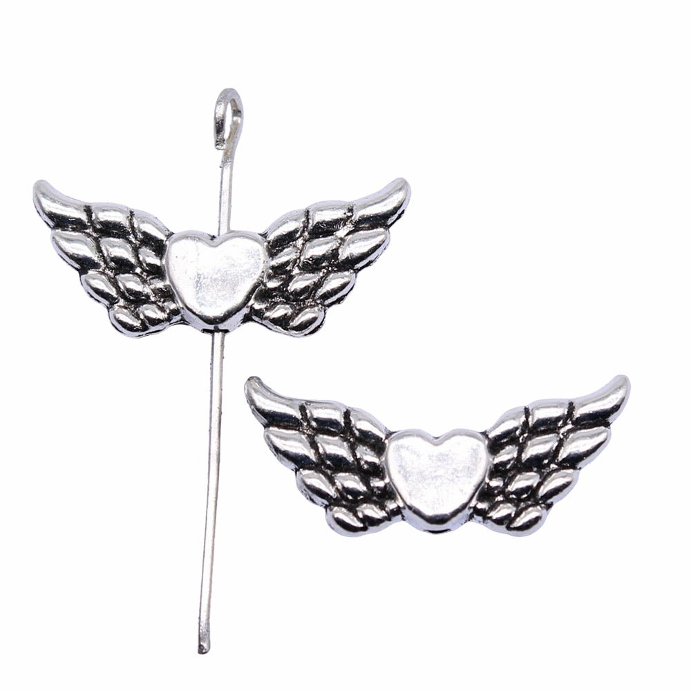 Heart Wing Metal Beads 21mm Antique Silver Tone Alloy 40pcs 3