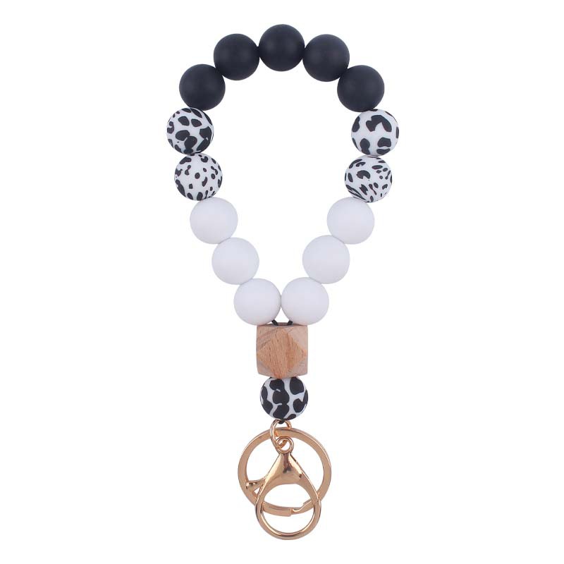 Leopard Wood Octagonal Silicone Bead Wristlet Keychain 6