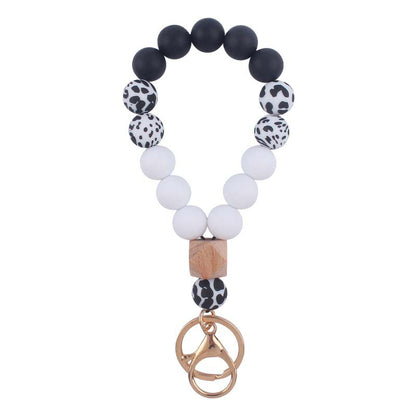Leopard Wood Octagonal Silicone Bead Wristlet Keychain 6