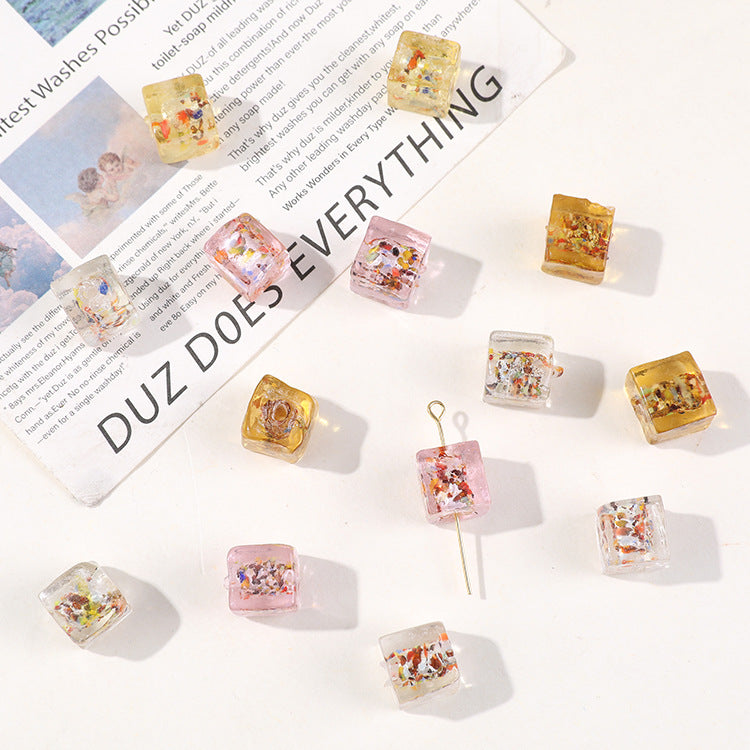 Lampwork Glass Beads Cube 10mm Silver Foil Confetti 4pcs 3