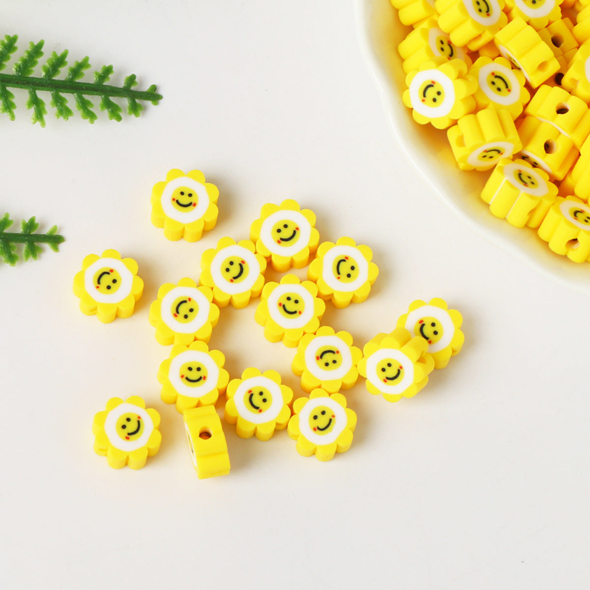 Flower Clay Beads 10mm Yellow Smiley Face Polymer 100pcs 3