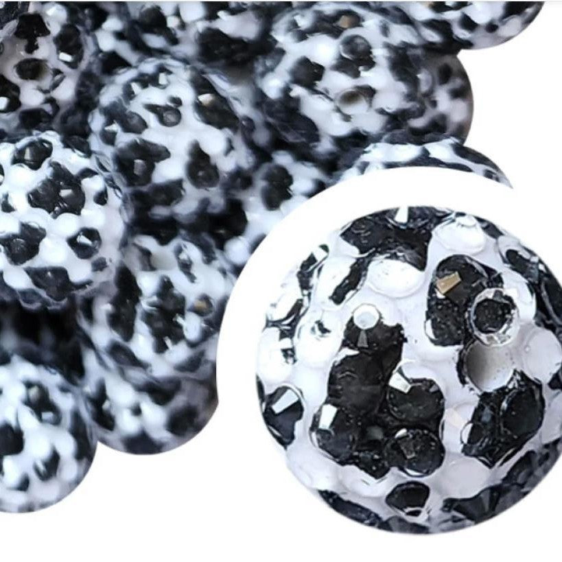 Rhinestone Bubblegum Beads 20mm Black White Cow Pattern 5pcs