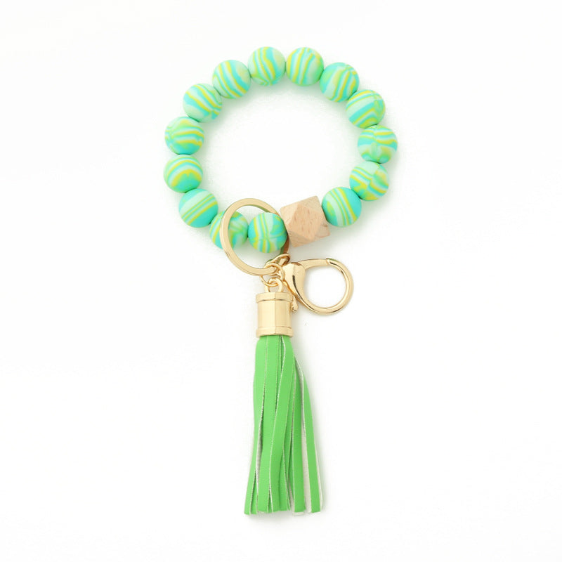 Silicone Bead Bracelet Wrist Keychain Marbled Beech Wood Tassel 5