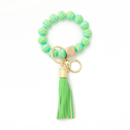 Silicone Bead Bracelet Wrist Keychain Marbled Beech Wood Tassel 5