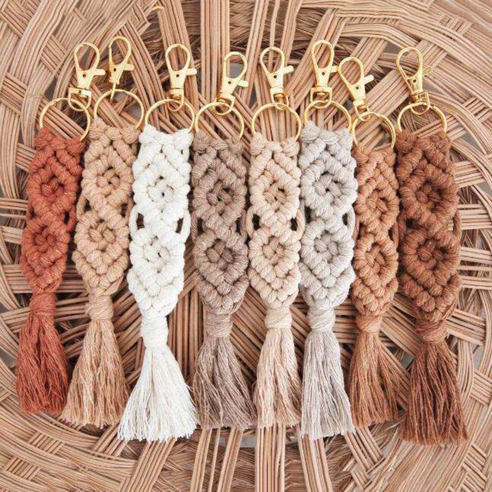 Hand Woven Tassel Crochet Keychain Cotton Linen Boho 2pcs