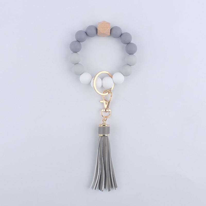 Silicone Beaded Wristlet Keychain with Wooden Beads and Leather Tassel 8cm 15