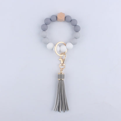 Silicone Beaded Wristlet Keychain with Wooden Beads and Leather Tassel 8cm 15