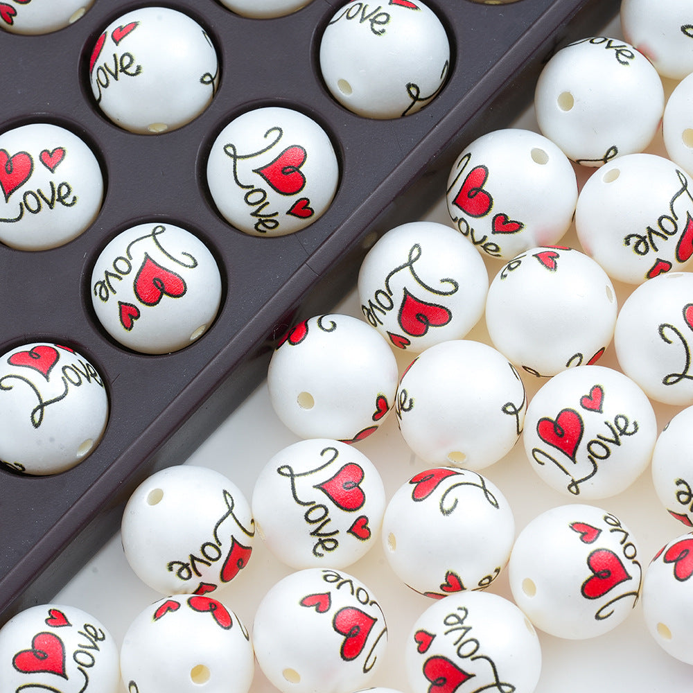 Heart Acrylic Beads 16mm Valentine'S Day Love Printed 20pcs 2