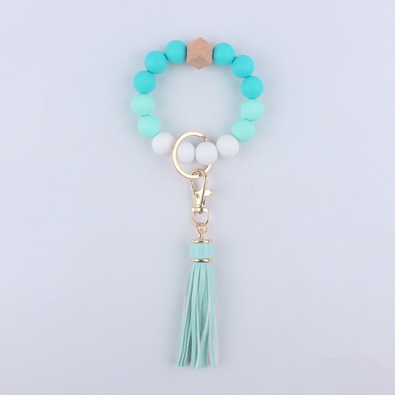 Silicone Beaded Wristlet Keychain with Wooden Beads and Leather Tassel 8cm 13