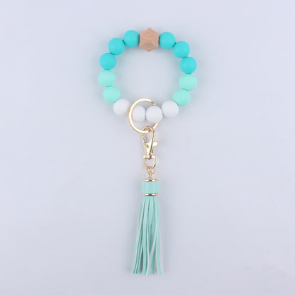 Silicone Beaded Wristlet Keychain with Wooden Beads and Leather Tassel 8cm 13