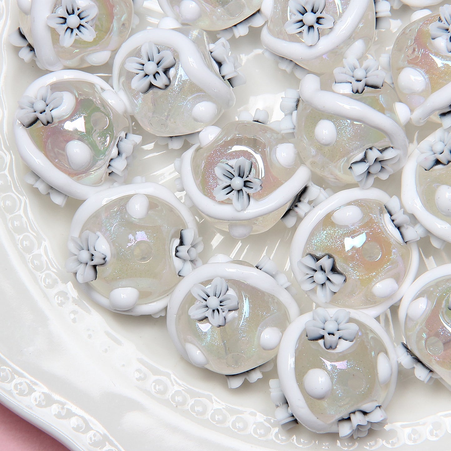 Painted Flower Acrylic Beads 16mm Round 14x18mm Square Purple Hand Painted 1pc 19