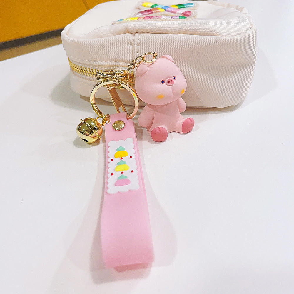 Cartoon Resin Animal Keychain Piglet Dinosaur with Fruit Strap and Bell 3