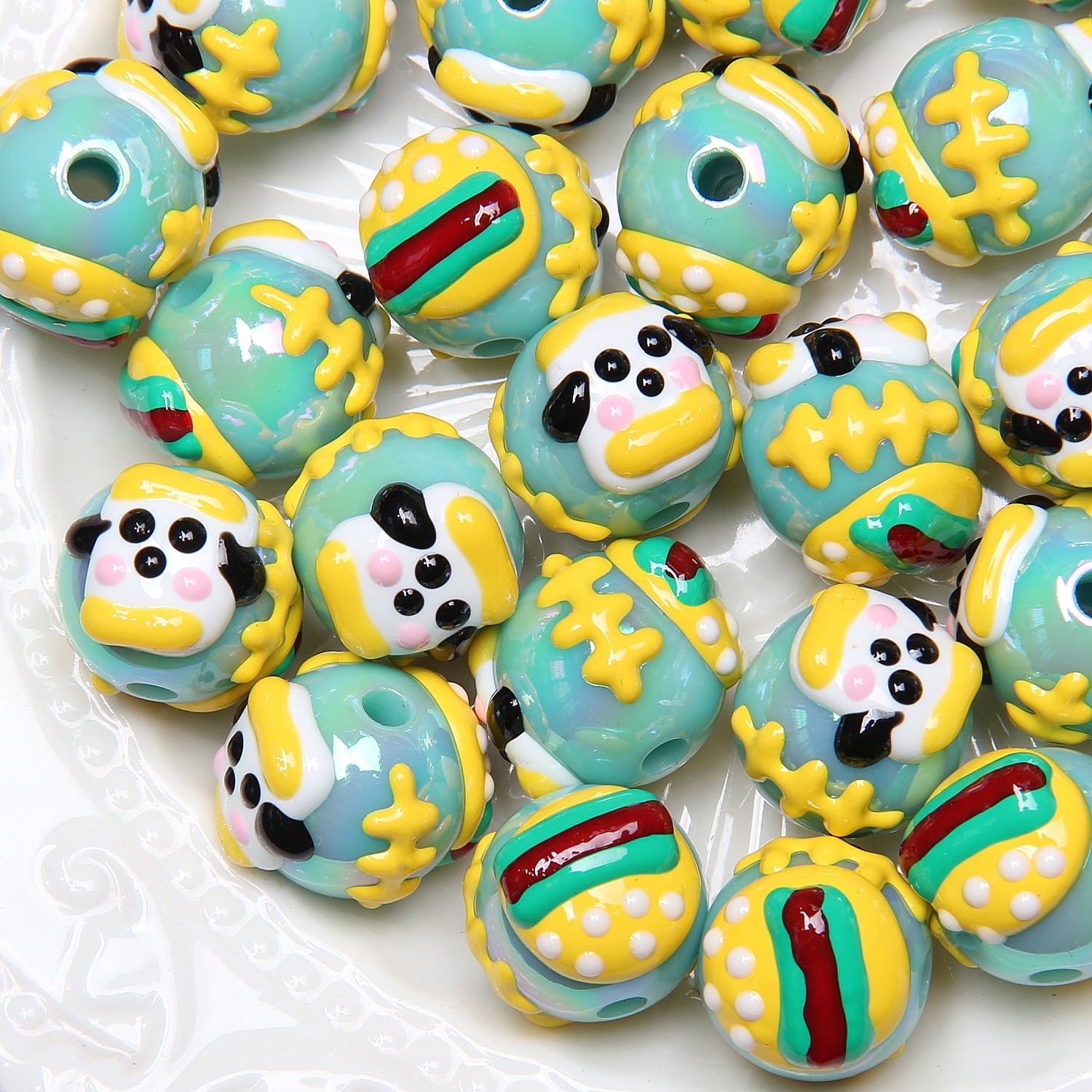 Hand Painted Acrylic Beads 16mm New Year Dog Faces 10pcs