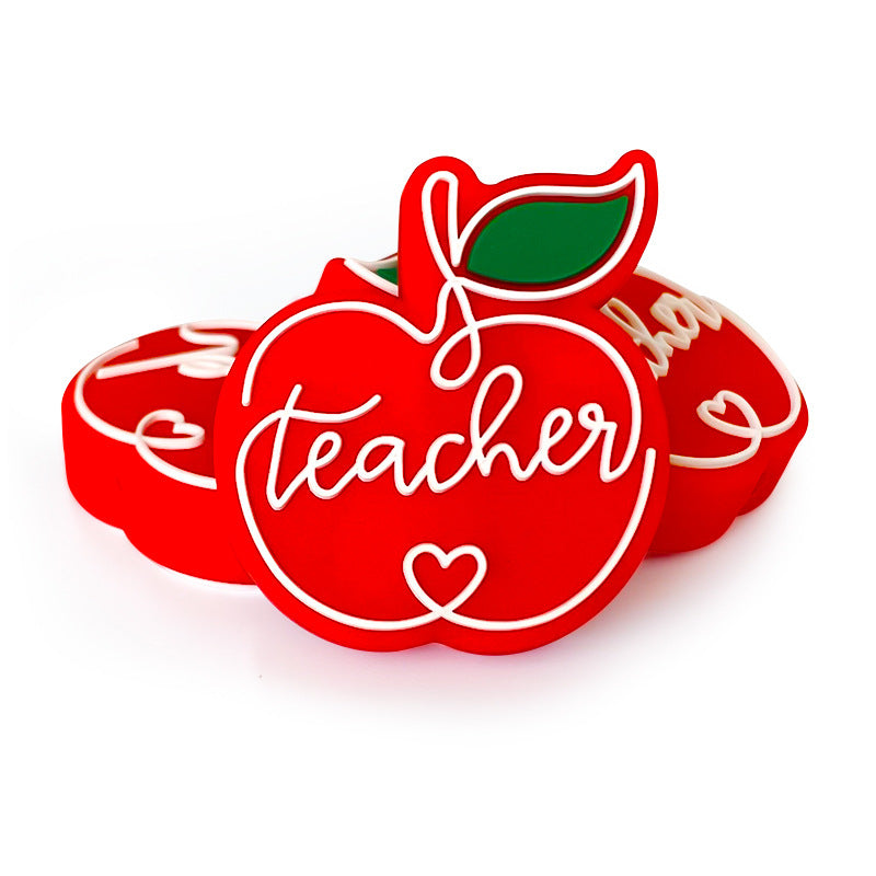 Silicone Focal Beads Teacher Red Apple Script Heart 20pcs
