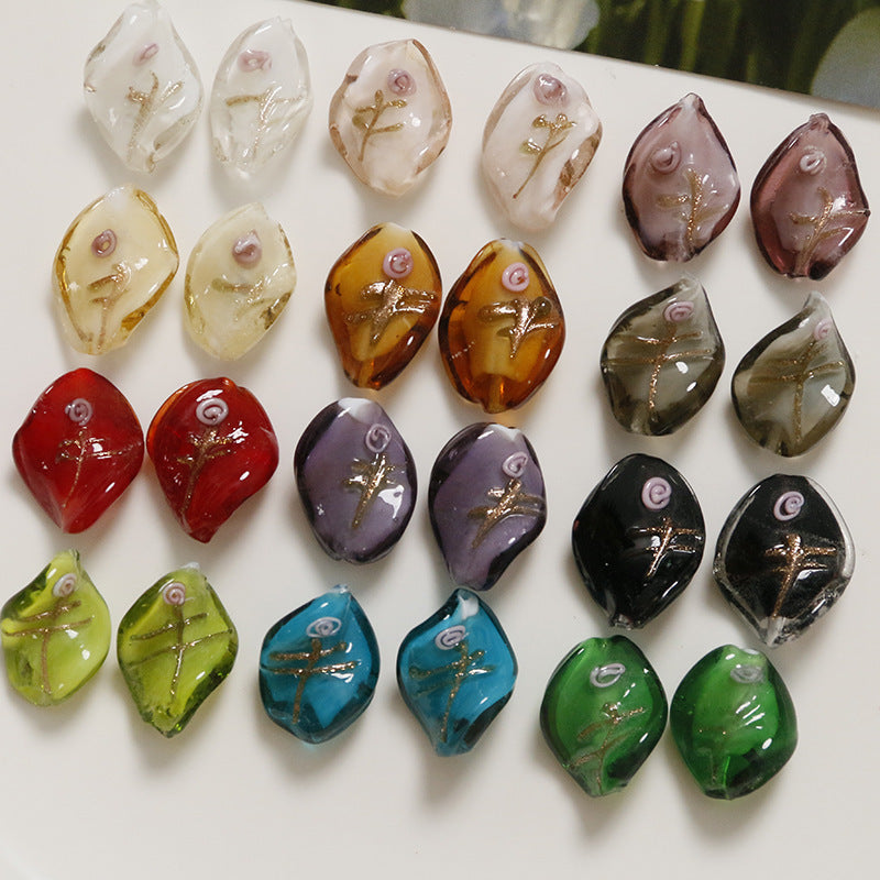 Lampwork Glass Beads Leaf 22mm Handmade Distressed Curled 4pcs 2