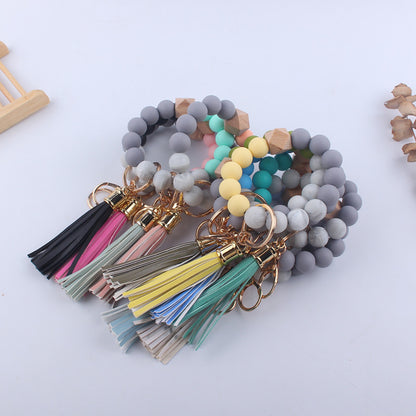 Leopard Print Silicone Bead Tassel Wristlet Keychain 4