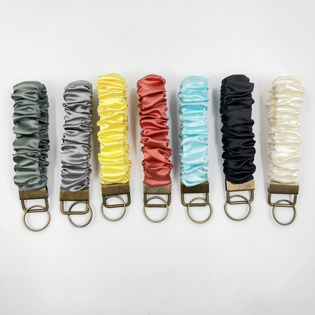 Satin Scrunchie Wristlet Keychain Solid Colors Antique Bronze Rings 2pcs