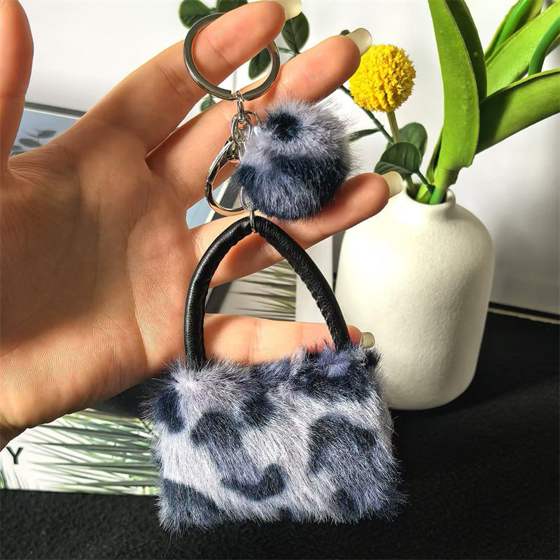 Leopard Print Plush Pom Pom Bag Keychain Soft Fluffy Animal Print 2pcs 9