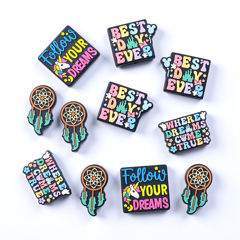 Silicone Focal Beads Dream Catcher Colorful Quotes Navy Background 20pcs 2