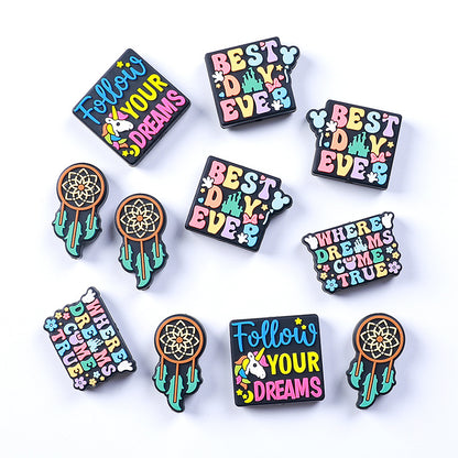 Silicone Focal Beads Dream Catcher Colorful Quotes Navy Background 20pcs 2