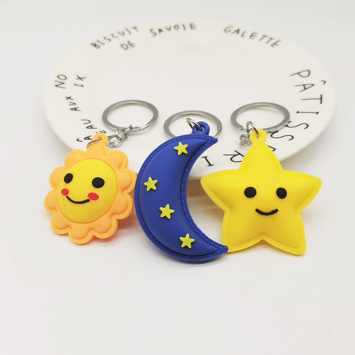 PVC Sun Moon Star Keychain Colorful Weather Shapes with Playful Faces 3