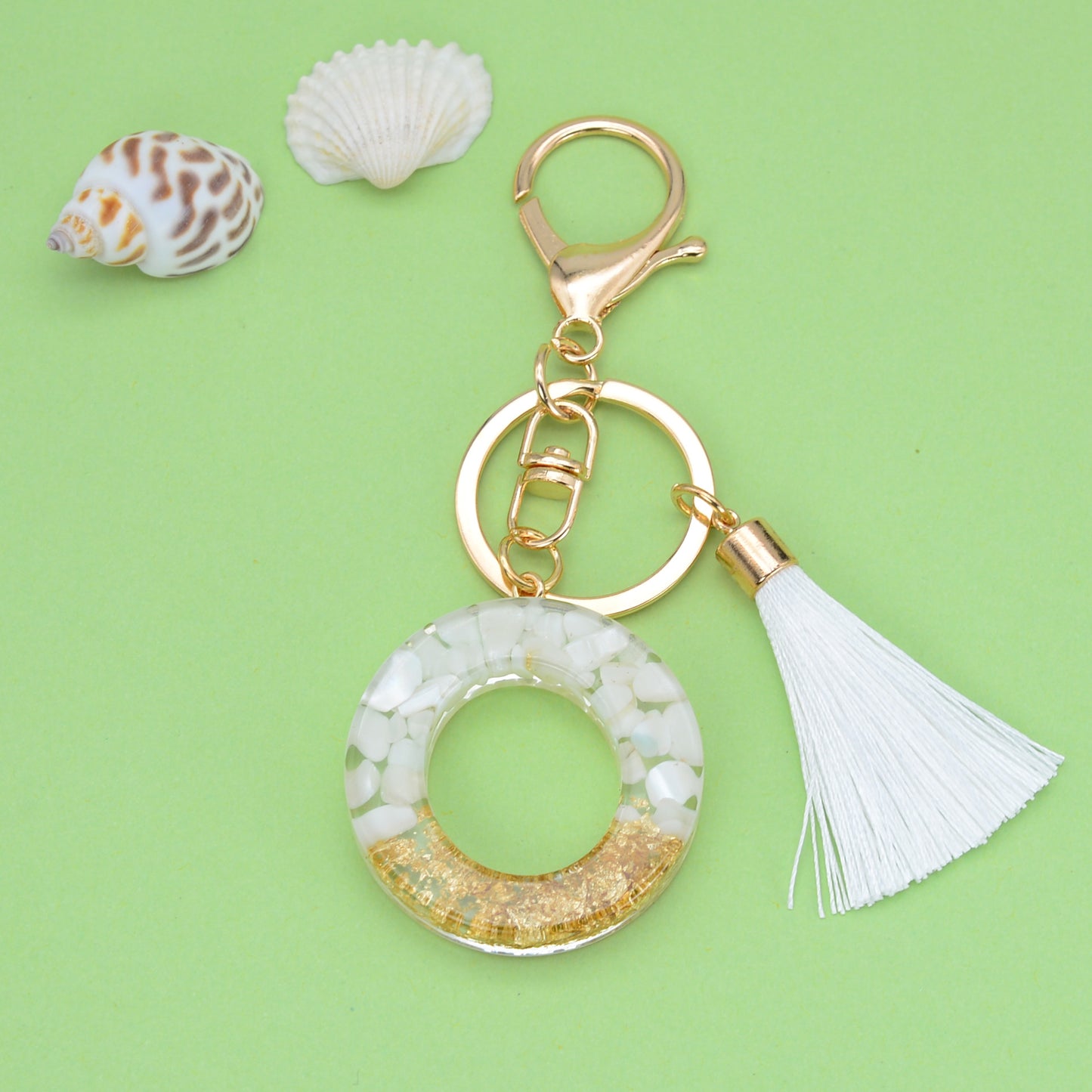 Tassel Letter A Keychain Resin Gold Flakes White Tassel 44