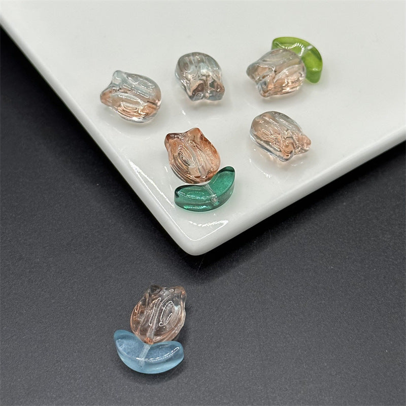 Tulip Transparent Glass Beads 12mm Pink Green Floral 100pcs 11