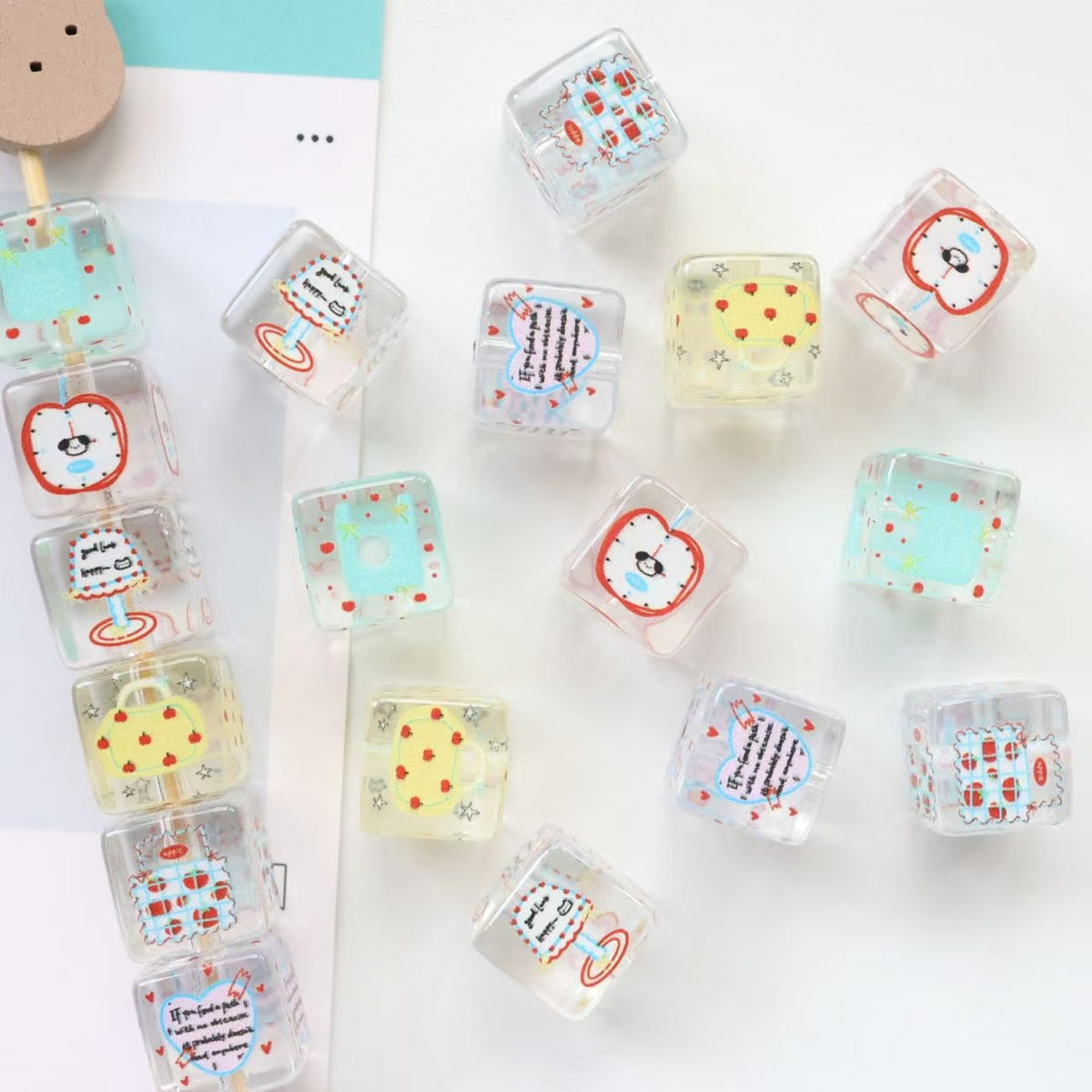 Clear Square Acrylic Beads 14mm Pastel Printed Designs 20pcs 3