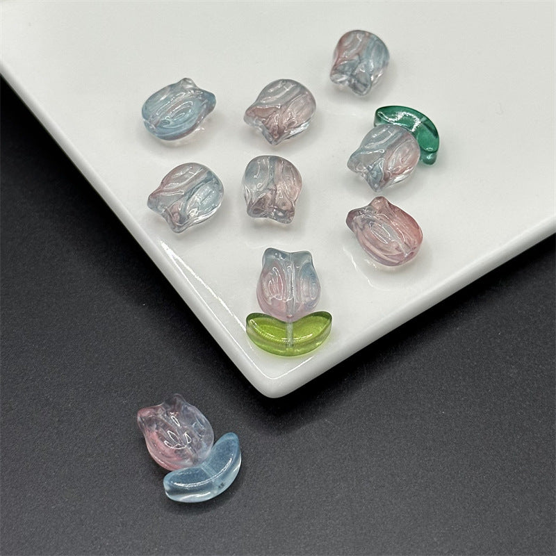 Tulip Transparent Glass Beads 12mm Pink Green Floral 100pcs 14