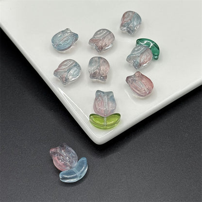 Tulip Transparent Glass Beads 12mm Pink Green Floral 100pcs 14