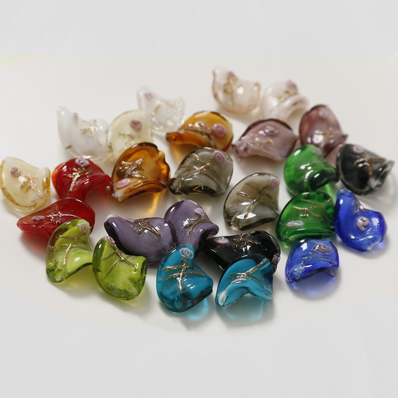 Lampwork Glass Beads Leaf 22mm Handmade Distressed Curled 4pcs 4