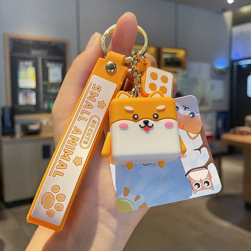 PVC Rubber Cube Animal Keychain with Leather Rope Dog Cat Owl Piggy 6