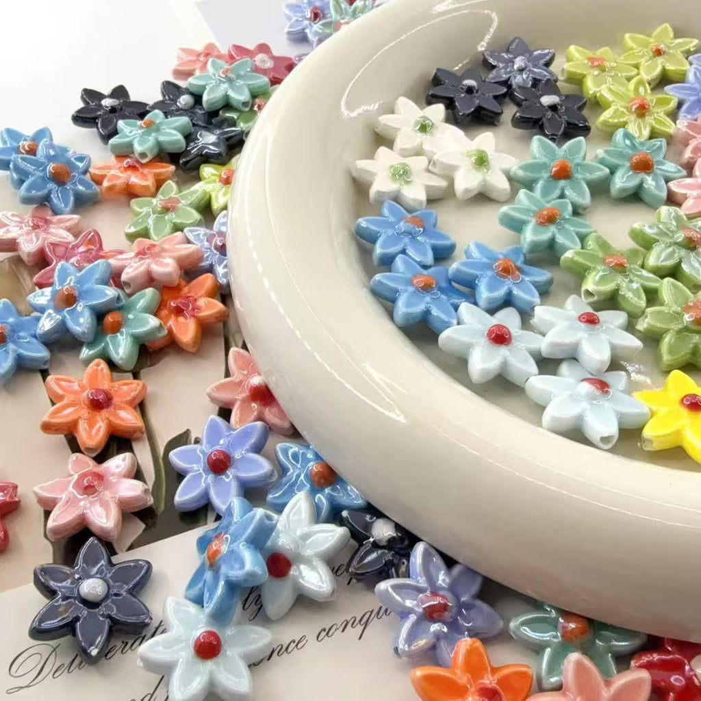 Six Petal Flower Ceramic Beads 16mm Glossy Colorful 10pcs 3