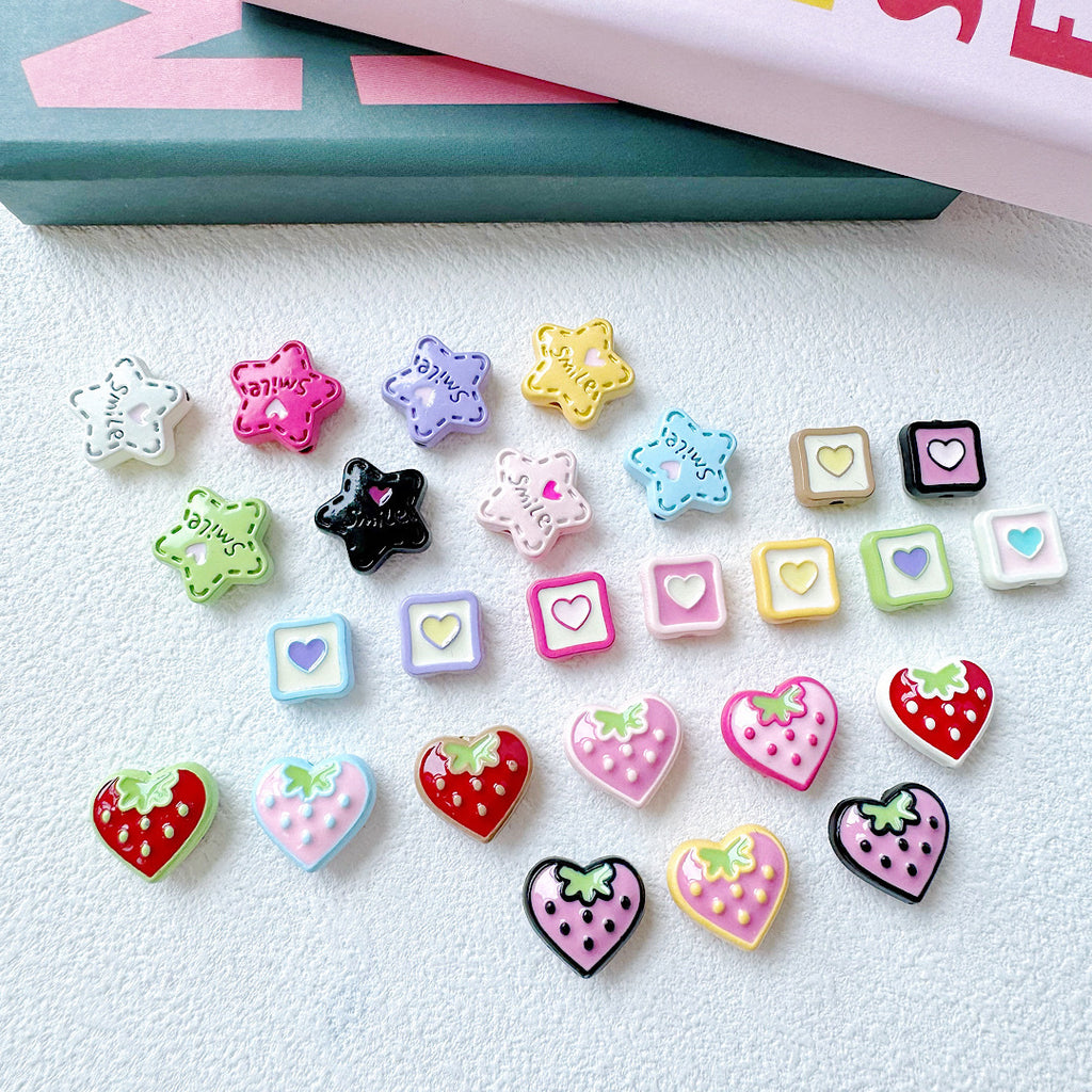 Star and Strawberry Heart Metal Beads Glossy Painted Colorful 10pcs 2
