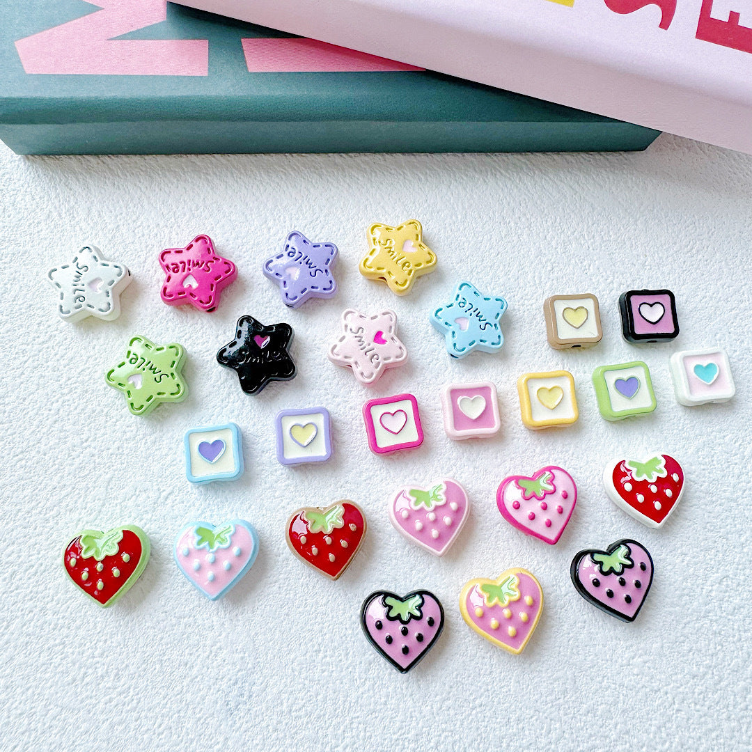 Star and Strawberry Heart Metal Beads Glossy Painted Colorful 10pcs 2
