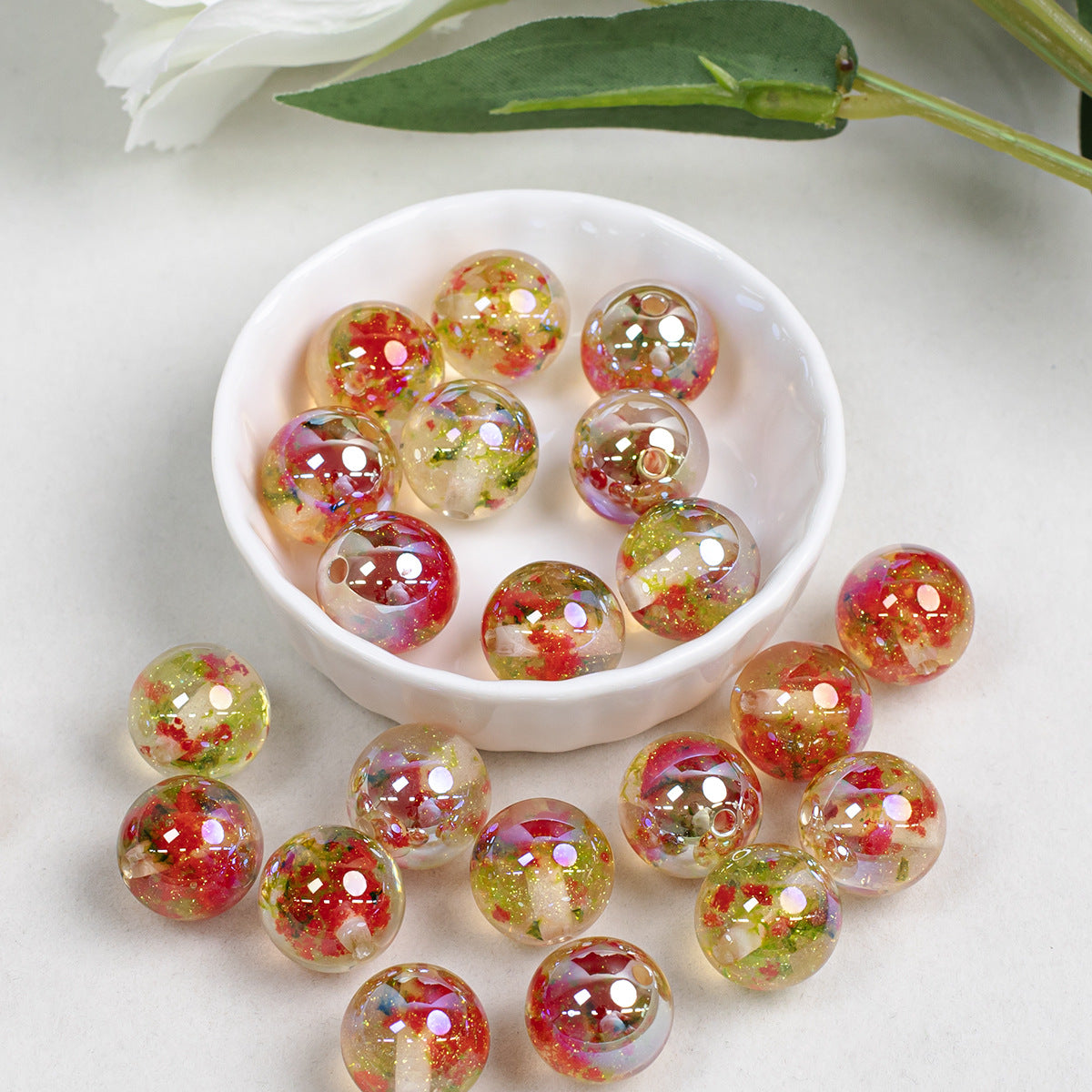 Shimmer Floral Resin Beads 16mm Round Multicolor 10pcs 7