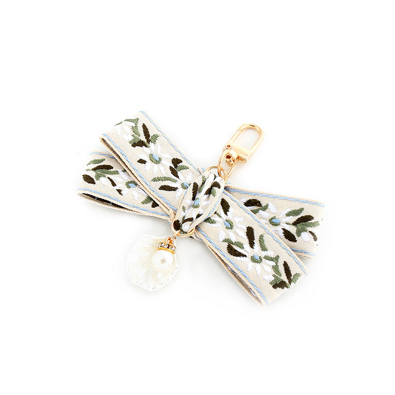Fabric Woven Pearl Bow Keychain Vintage Floral Accessory 5