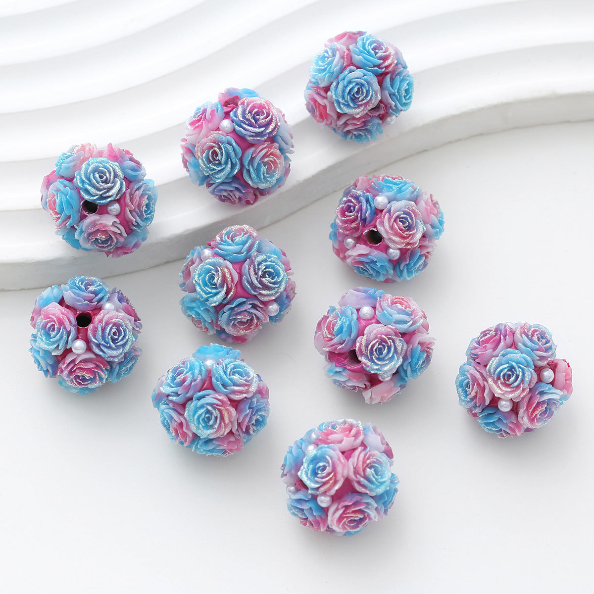 Embellished Flower Cluster Clay Beads 20mm Gradient Rose 10pcs 40