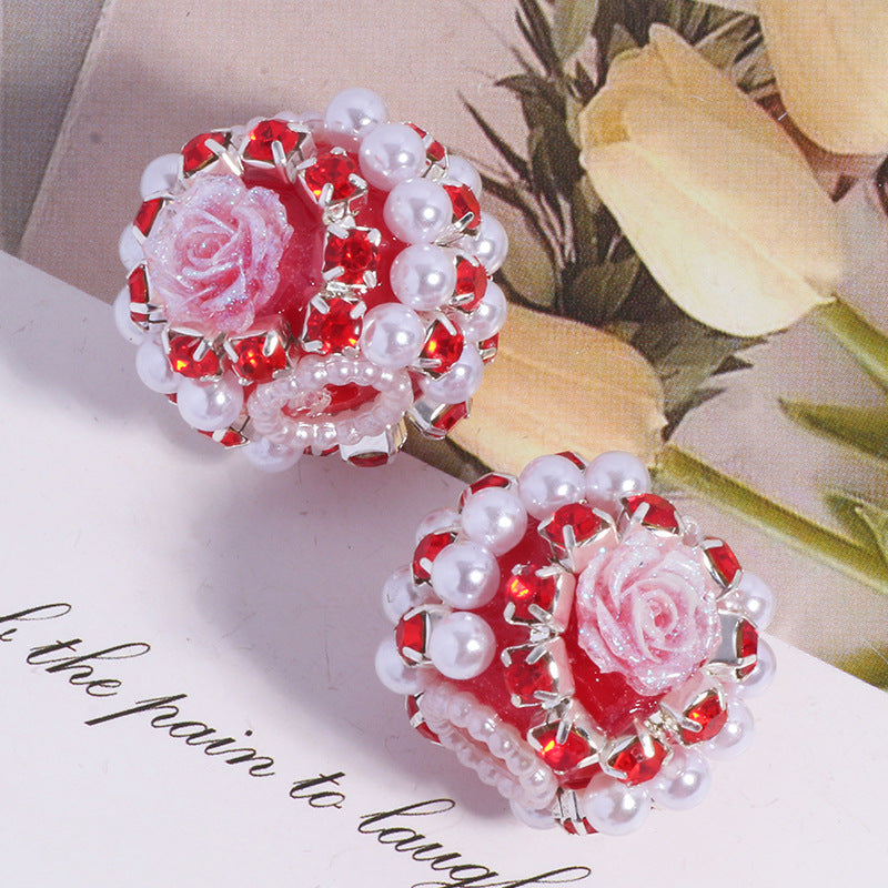 Fancy Rose Rhinestone Beads 25mm Polymer Clay Encrusted 5pcs 11