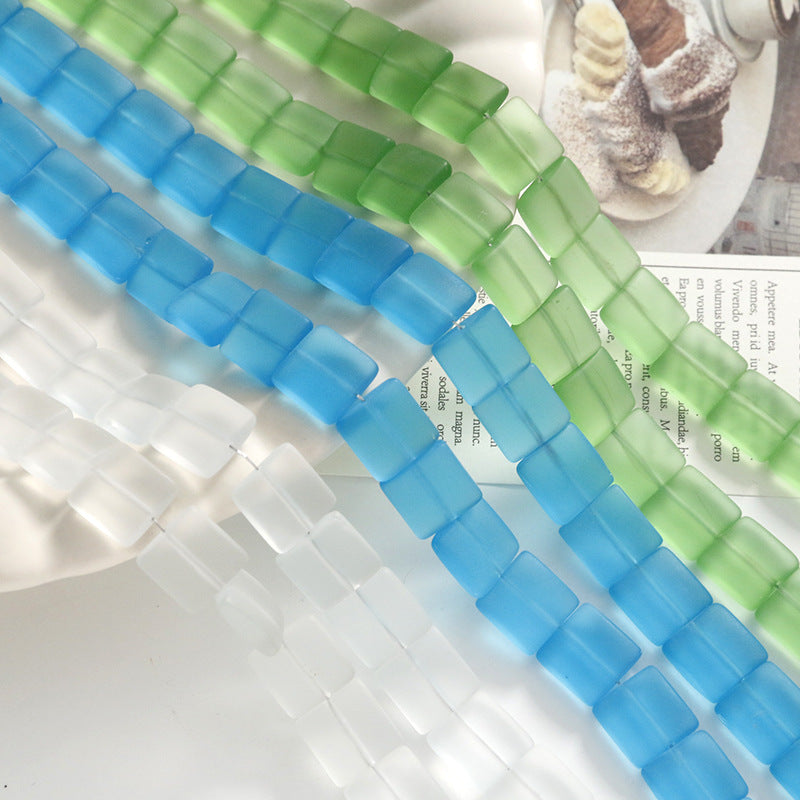Frosted Square Glass Beads 12mm White Blue Green 10pcs 2