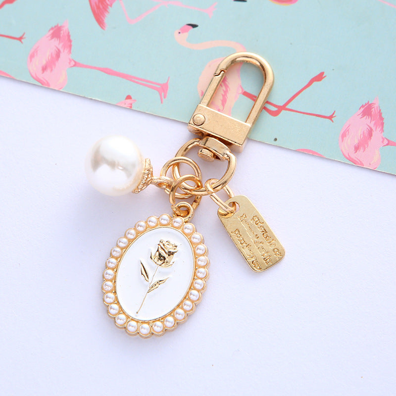 Vintage Gold Rose Pearl Keychain Zinc Alloy Black White 4
