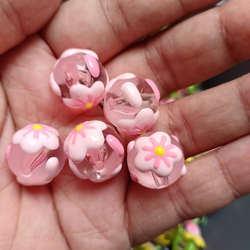 Hand Painted Flower Acrylic Beads 16mm Transparent Round 100pcs 2